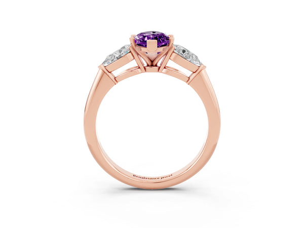 Rose gold Three-Stone Marquise Cut Amethyst Ring with Pear Side Stones and Four-Prong Setting