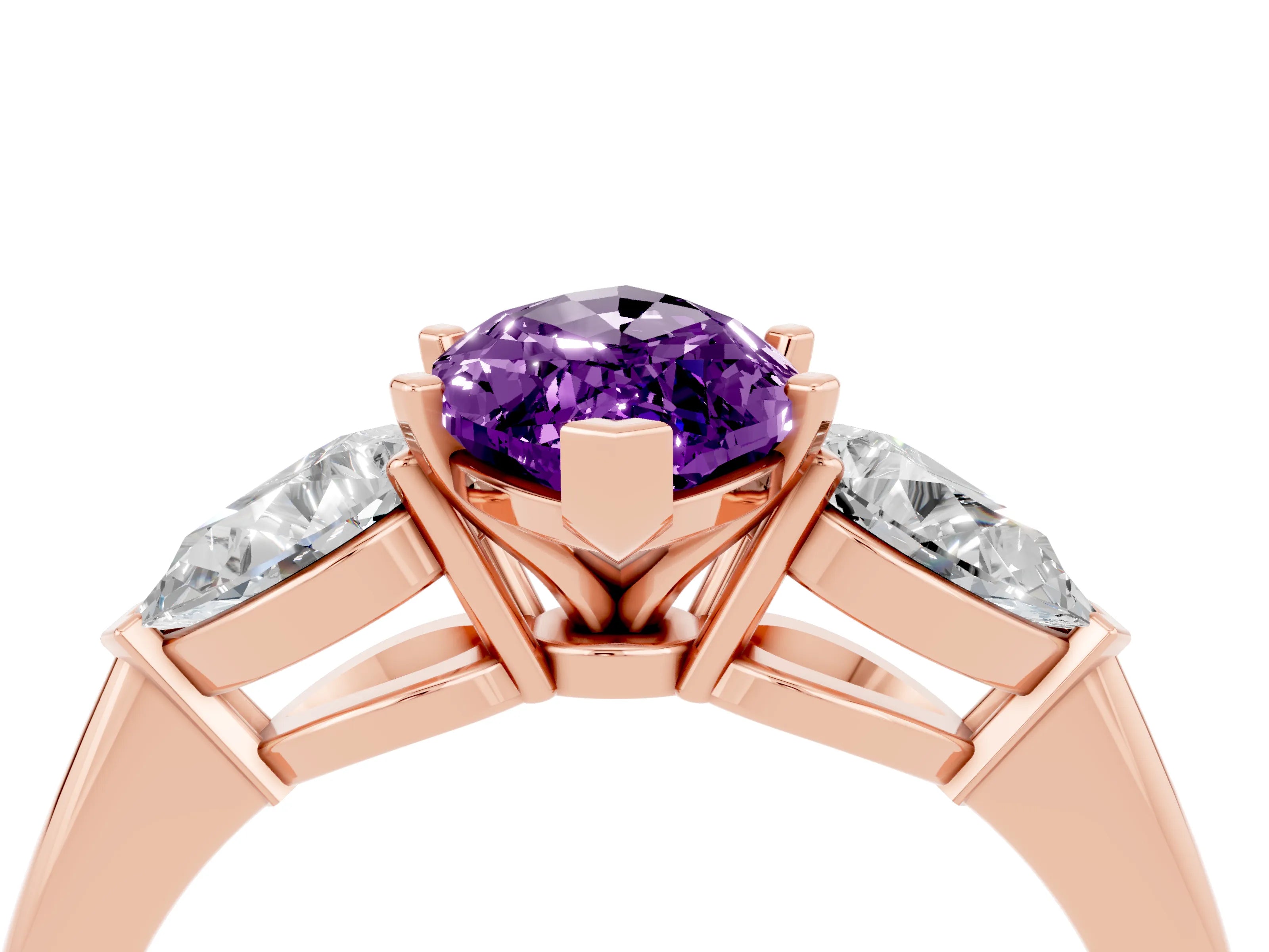 Rose gold Three-Stone Marquise Cut Amethyst Ring with Pear Side Stones and Four-Prong Setting_4