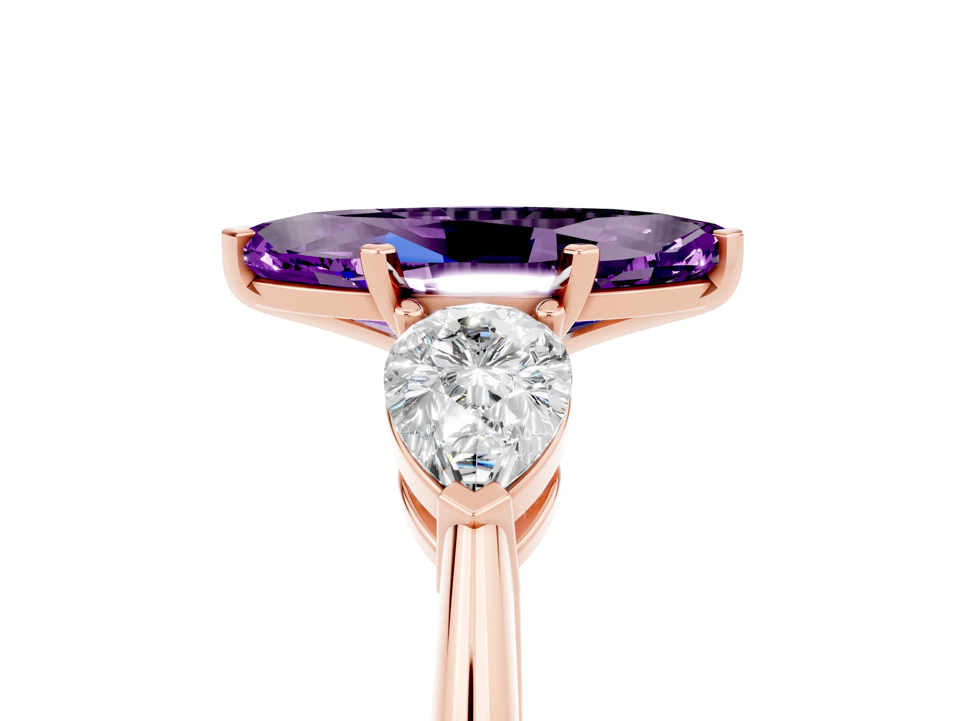 Rose gold Three-Stone Marquise Cut Amethyst Ring with Pear Side Stones and Four-Prong Setting_5
