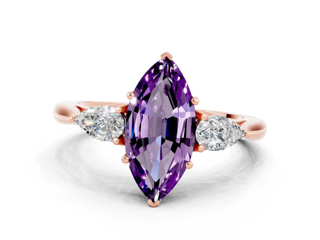Rose gold Three-Stone Marquise Cut Amethyst Ring with Pear  Side Stones in Four-Prong Setting_36