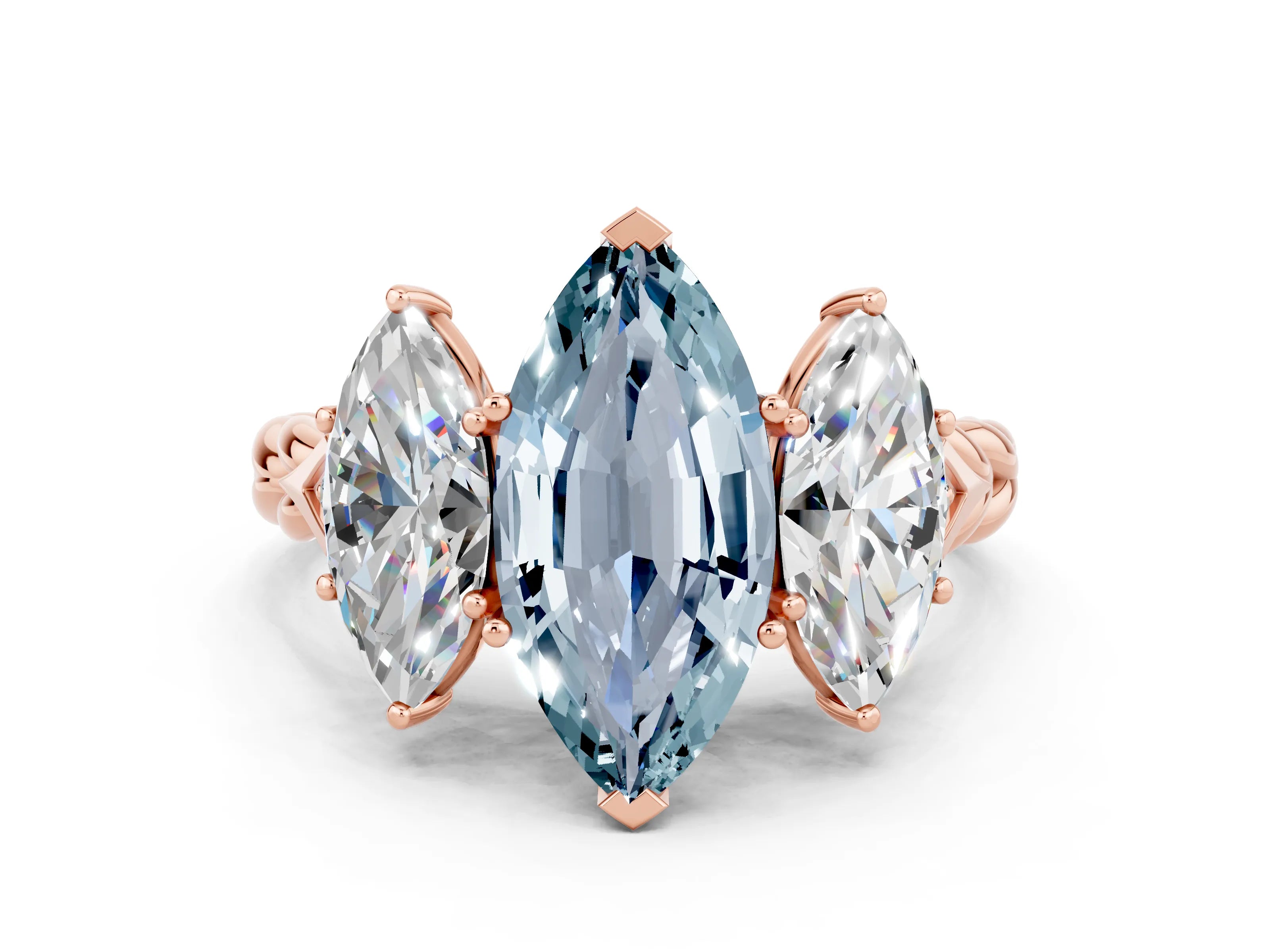 Rose gold Three-Stone Marquise Cut Aquamarine Braided Band Ring with Four-Prong Setting_12