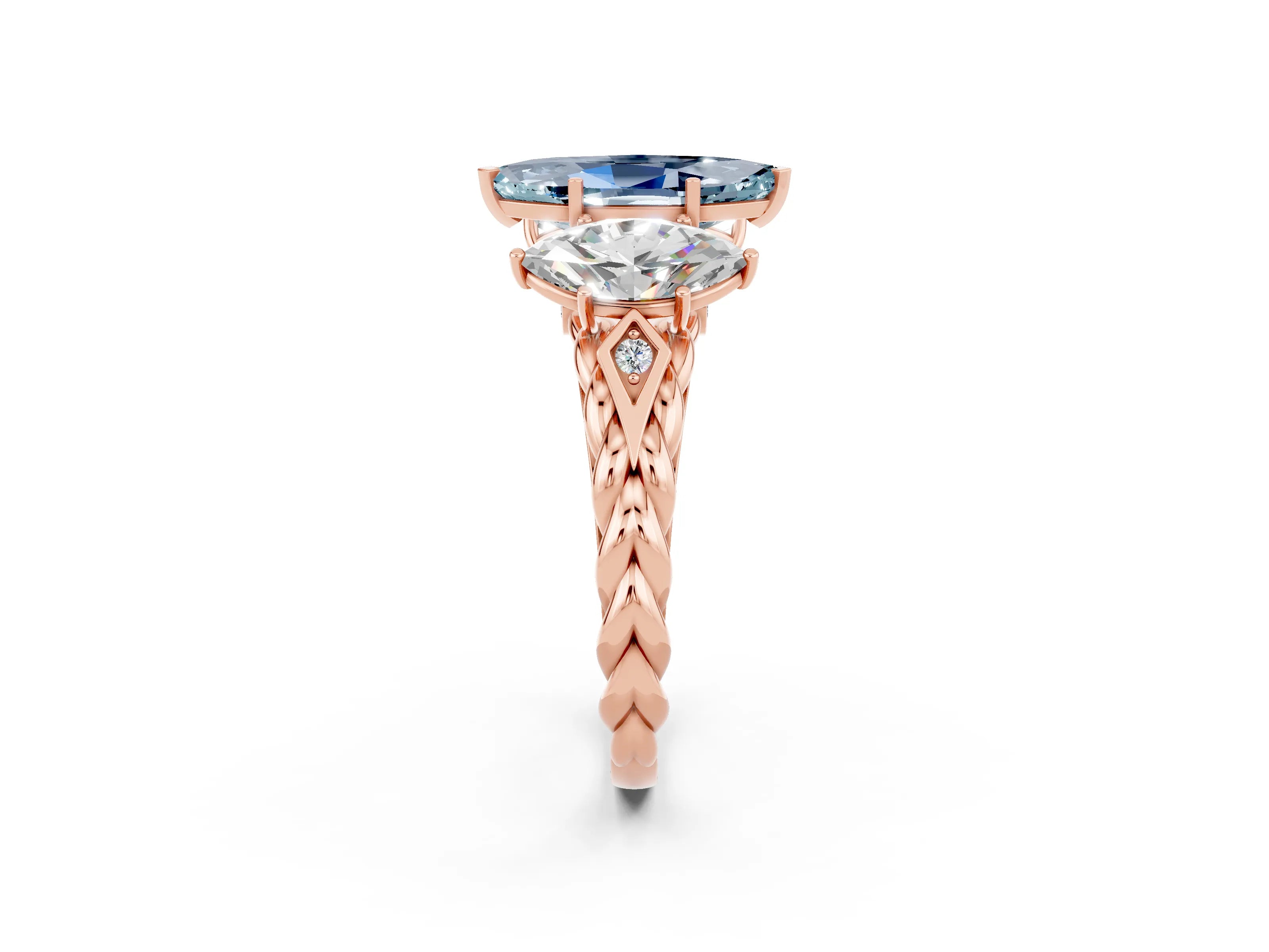 Rose gold Three-Stone Marquise Cut Aquamarine Braided Band Ring with Four-Prong Setting_14