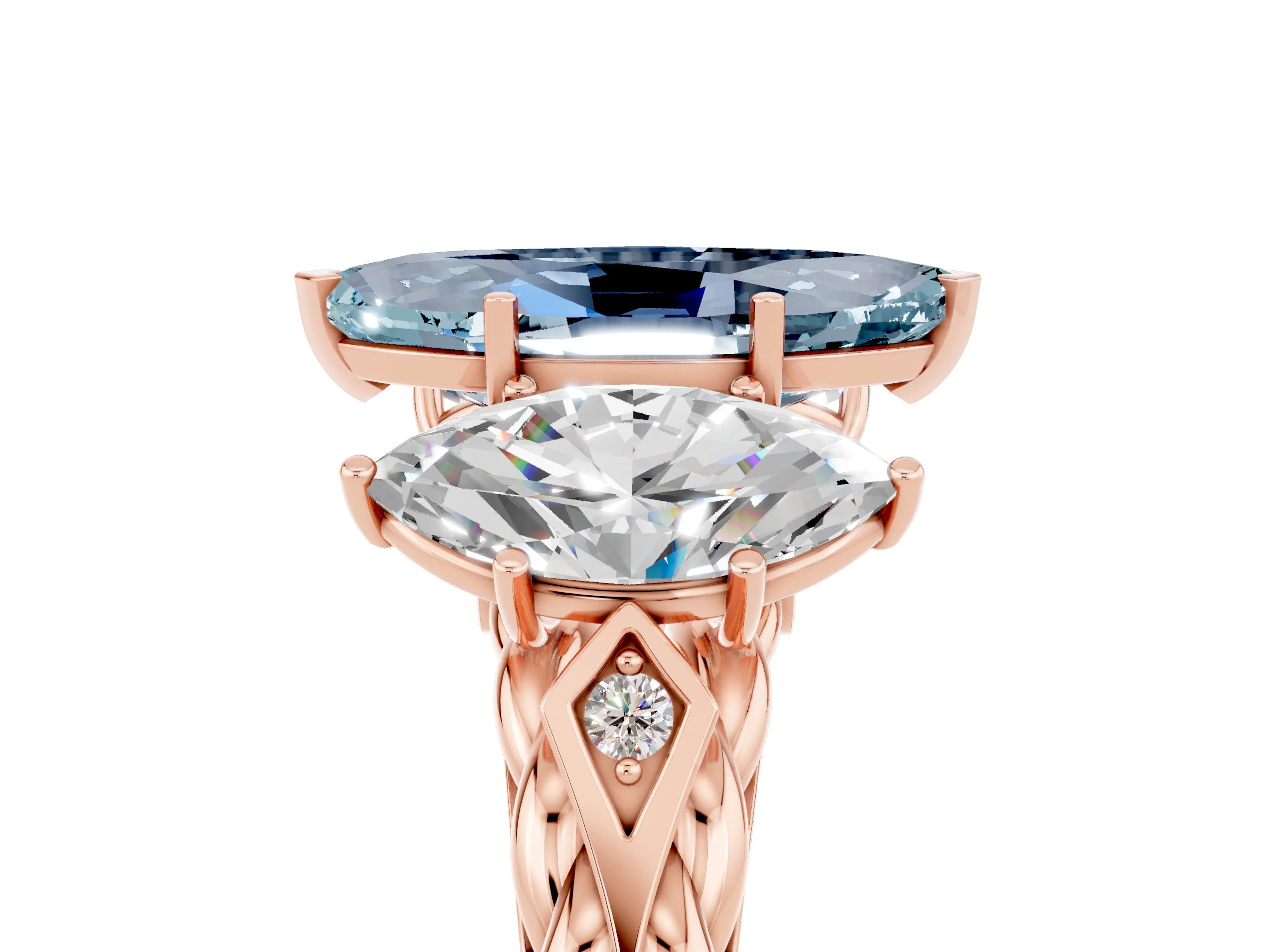 Rose gold Three-Stone Marquise Cut Aquamarine Braided Band Ring with Four-Prong Setting_17