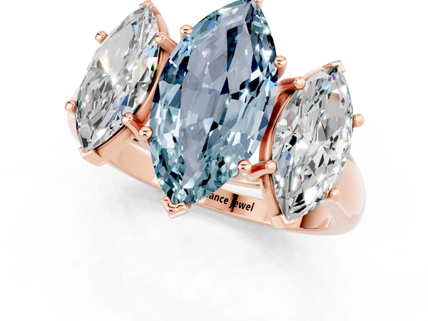 Rose gold Three-Stone Marquise Cut Aquamarine Engagement Ring with Prong Setting