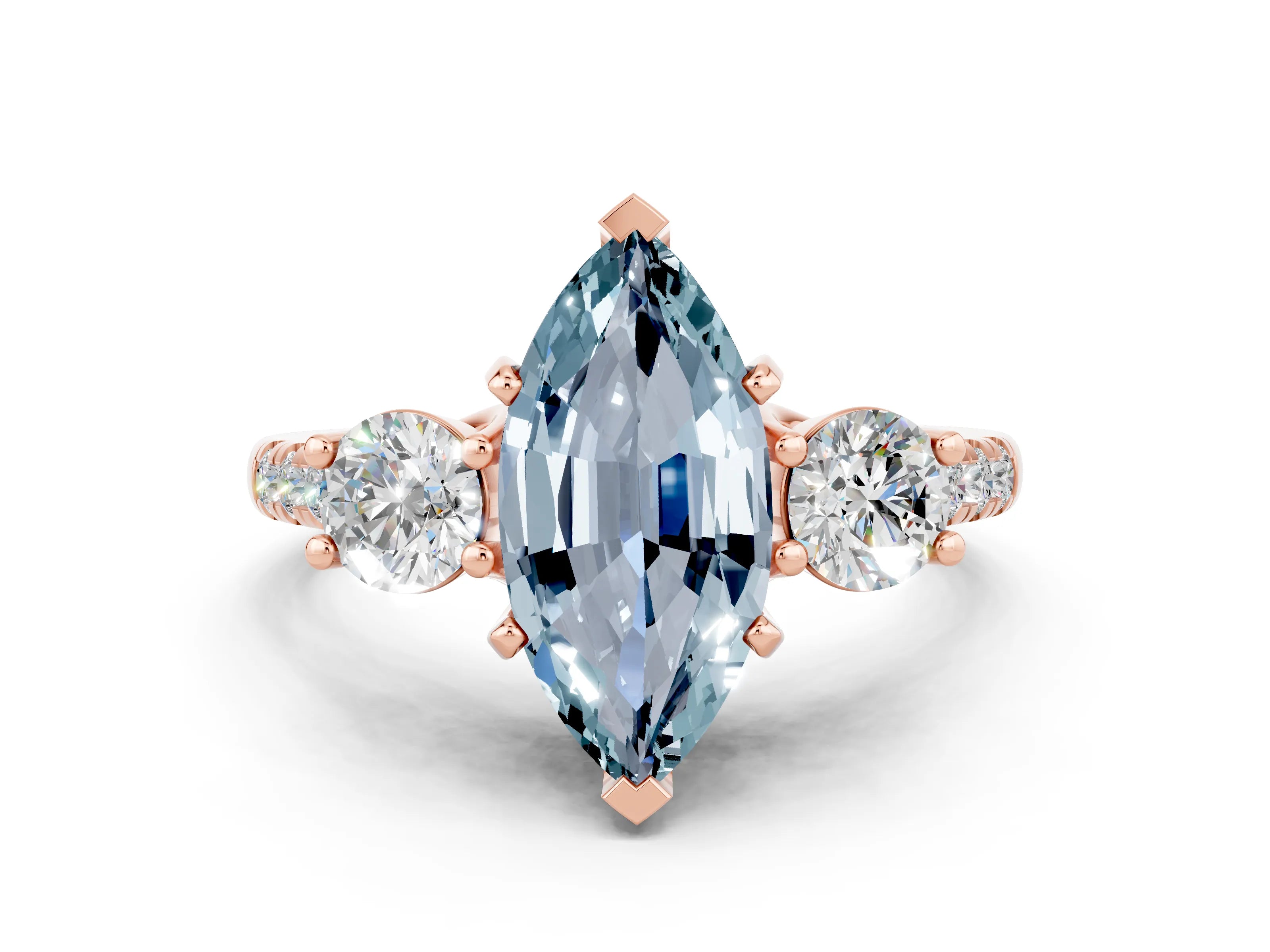 Rose gold Three-Stone Marquise Cut Aquamarine Pavé Band with Four-Prong Setting