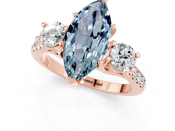 Rose gold Three-Stone Marquise Cut Aquamarine Pavé Band with Four-Prong Setting