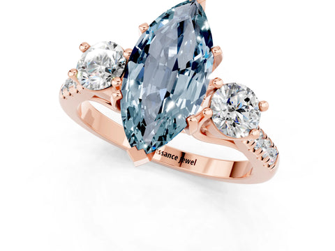 Rose gold Three-Stone Marquise Cut Aquamarine Pavé Band with Four-Prong Setting_1