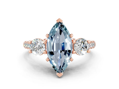 Rose gold Three-Stone Marquise Cut Aquamarine Pavé Band with Four-Prong Setting