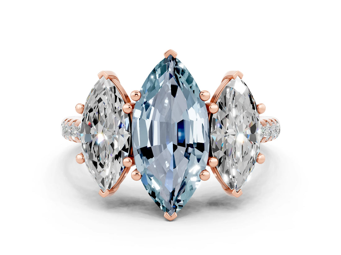 Rose gold Three-Stone Marquise Cut Aquamarine Ring with Pavé Band and Prong Setting_12