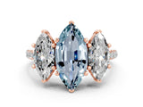 Rose gold Three-Stone Marquise Cut Aquamarine Ring with Pavé Band and Prong Setting_12
