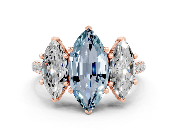 Rose gold Three-Stone Marquise Cut Aquamarine Ring with Round  Pavé Band and Prong Setting