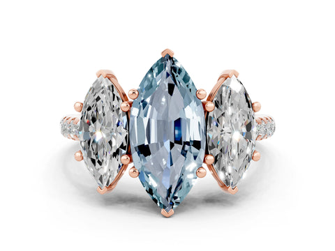 Rose gold Three-Stone Marquise Cut Aquamarine Ring with Pavé Band and Prong Setting_12