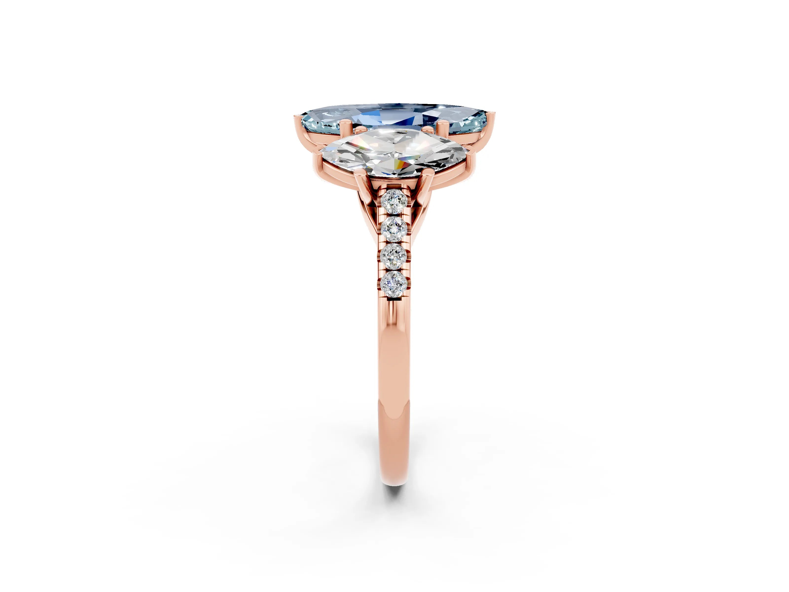Rose gold Three-Stone Marquise Cut Aquamarine Ring with Pavé Band and Prong Setting_14