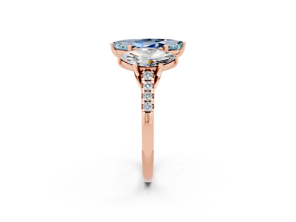 Rose gold Three-Stone Marquise Cut Aquamarine Ring with Round  Pavé Band and Prong Setting