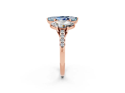 Rose gold Three-Stone Marquise Cut Aquamarine Ring with Pavé Band and Prong Setting_14