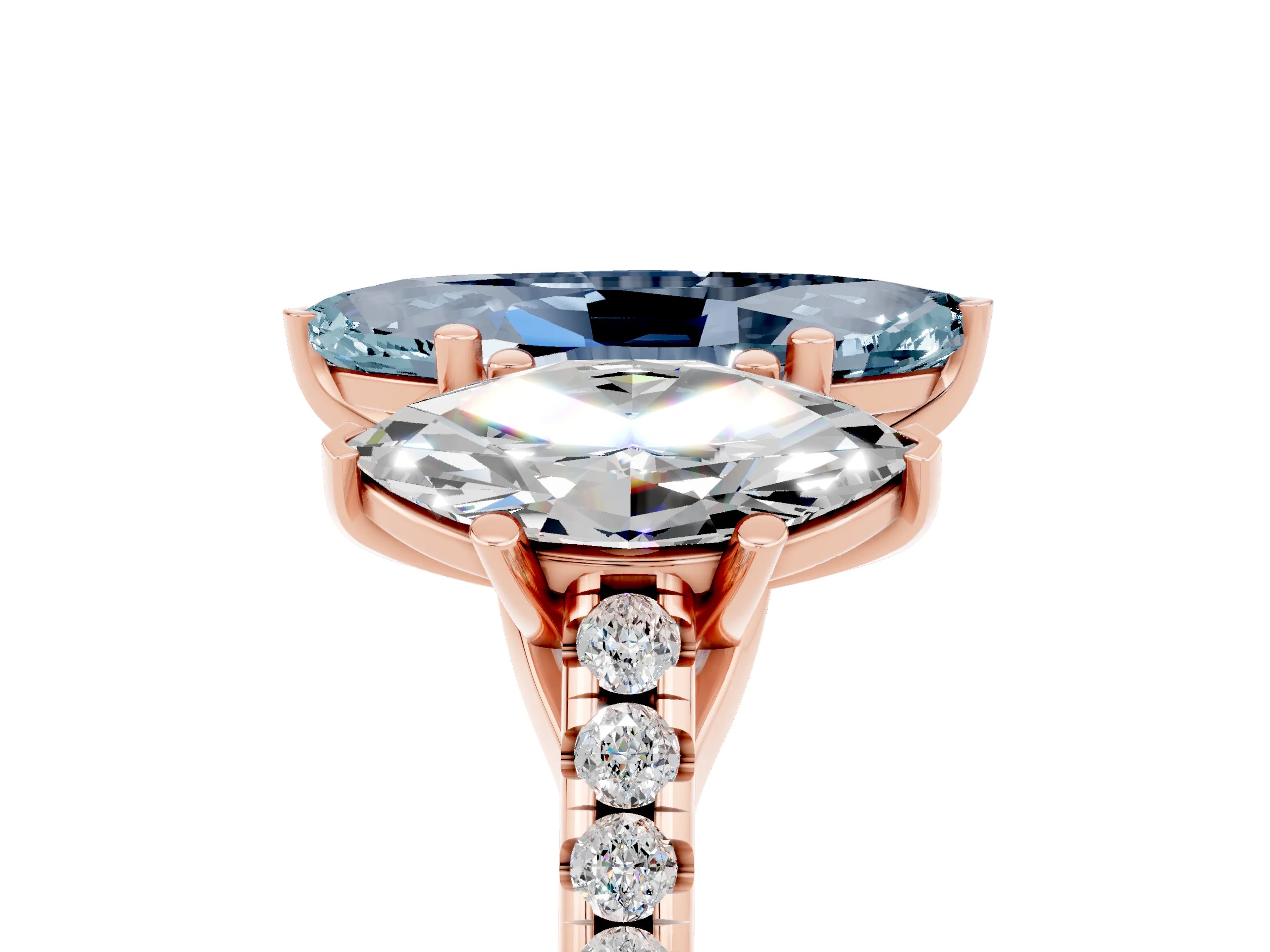 Rose gold Three-Stone Marquise Cut Aquamarine Ring with Pavé Band and Prong Setting_17