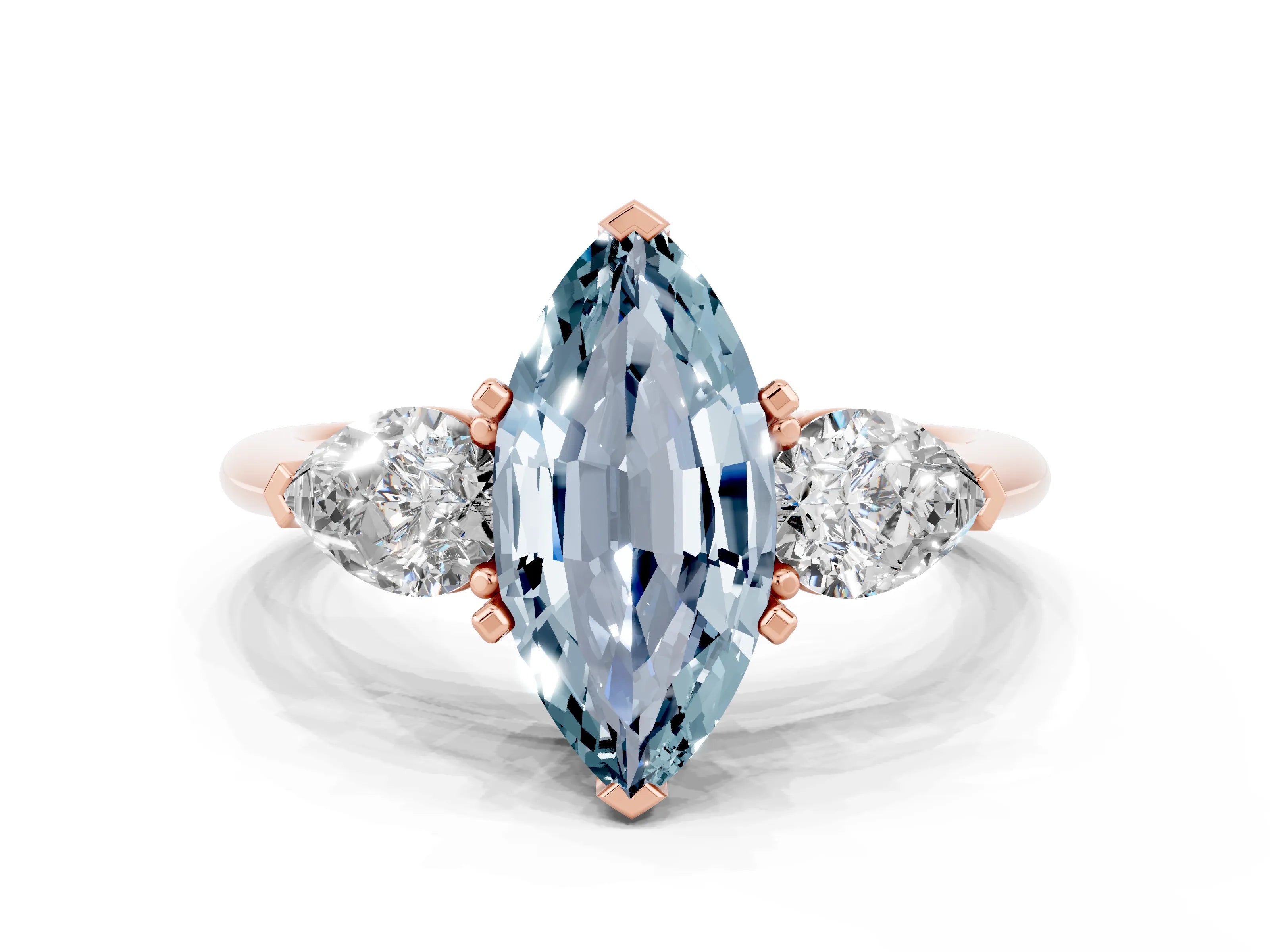 Rose gold Three-Stone Marquise Cut Aquamarine Ring with Pear Side Stones and Four-Prong Setting