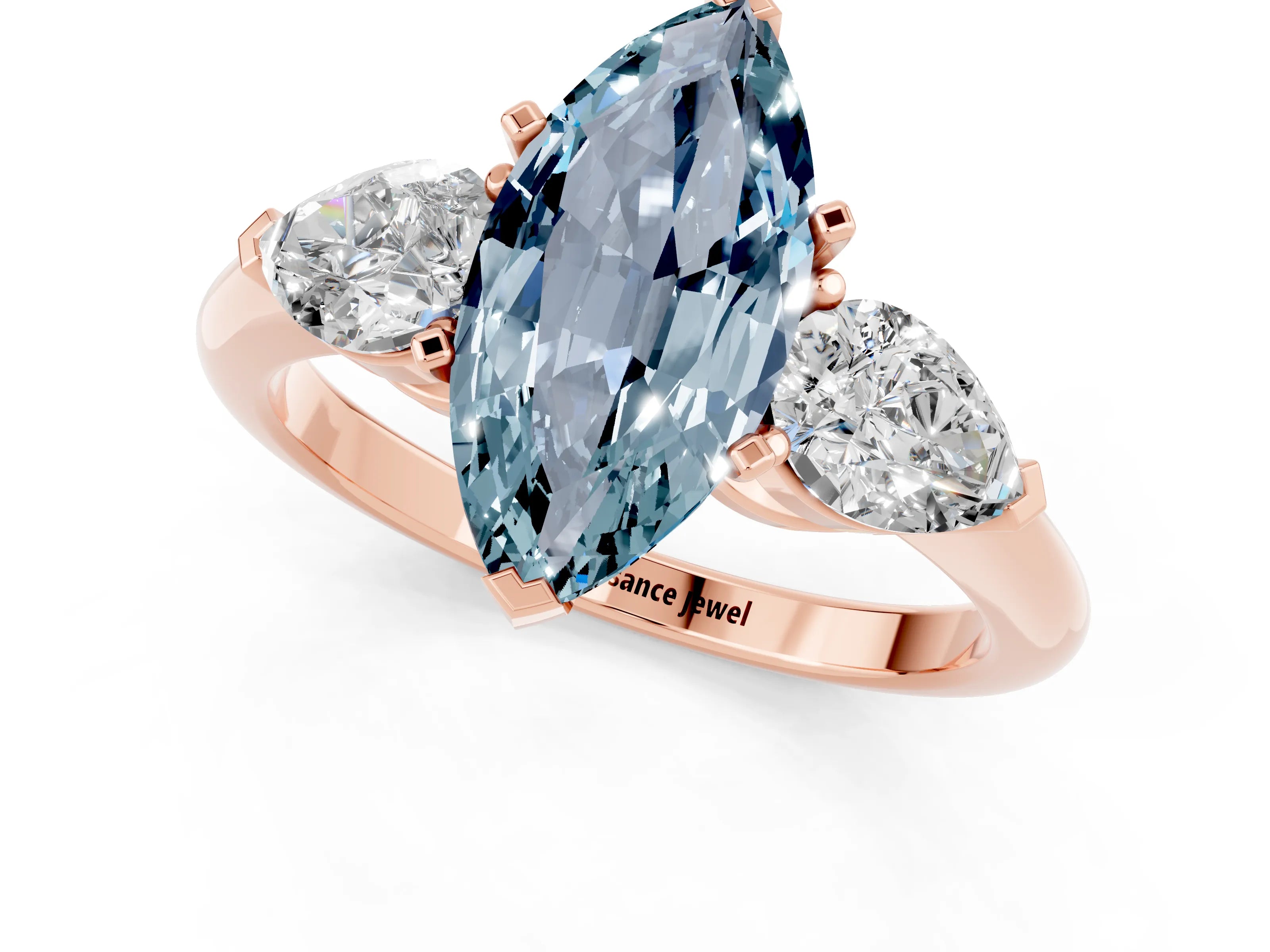 Rose gold Three-Stone Marquise Cut Aquamarine Ring with Pear Side Stones and Four-Prong Setting_1