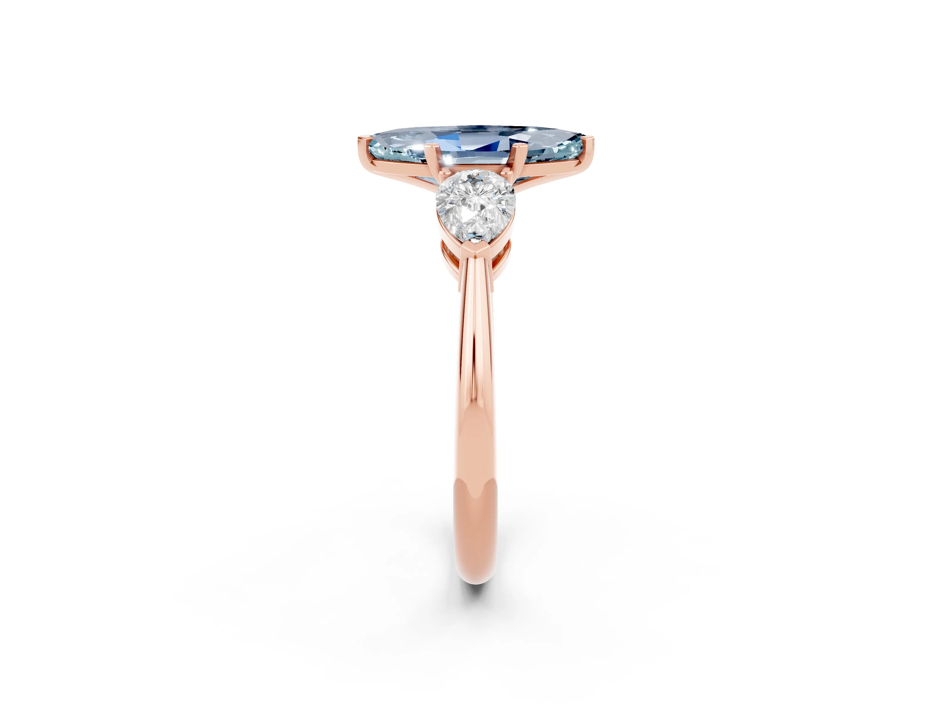 Rose gold Three-Stone Marquise Cut Aquamarine Ring with Pear Side Stones and Four-Prong Setting_2