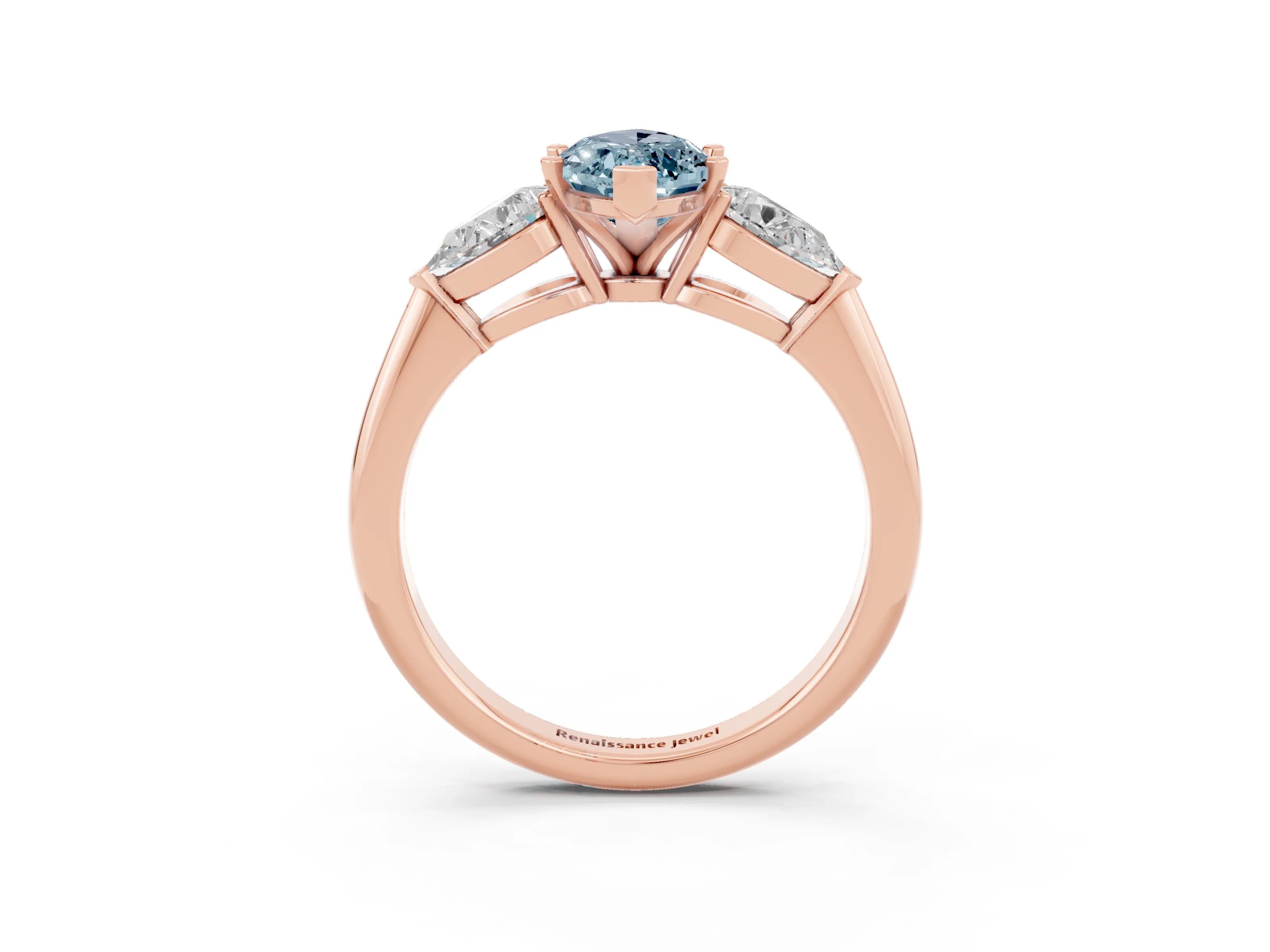 Rose gold Three-Stone Marquise Cut Aquamarine Ring with Pear Side Stones and Four-Prong Setting_3