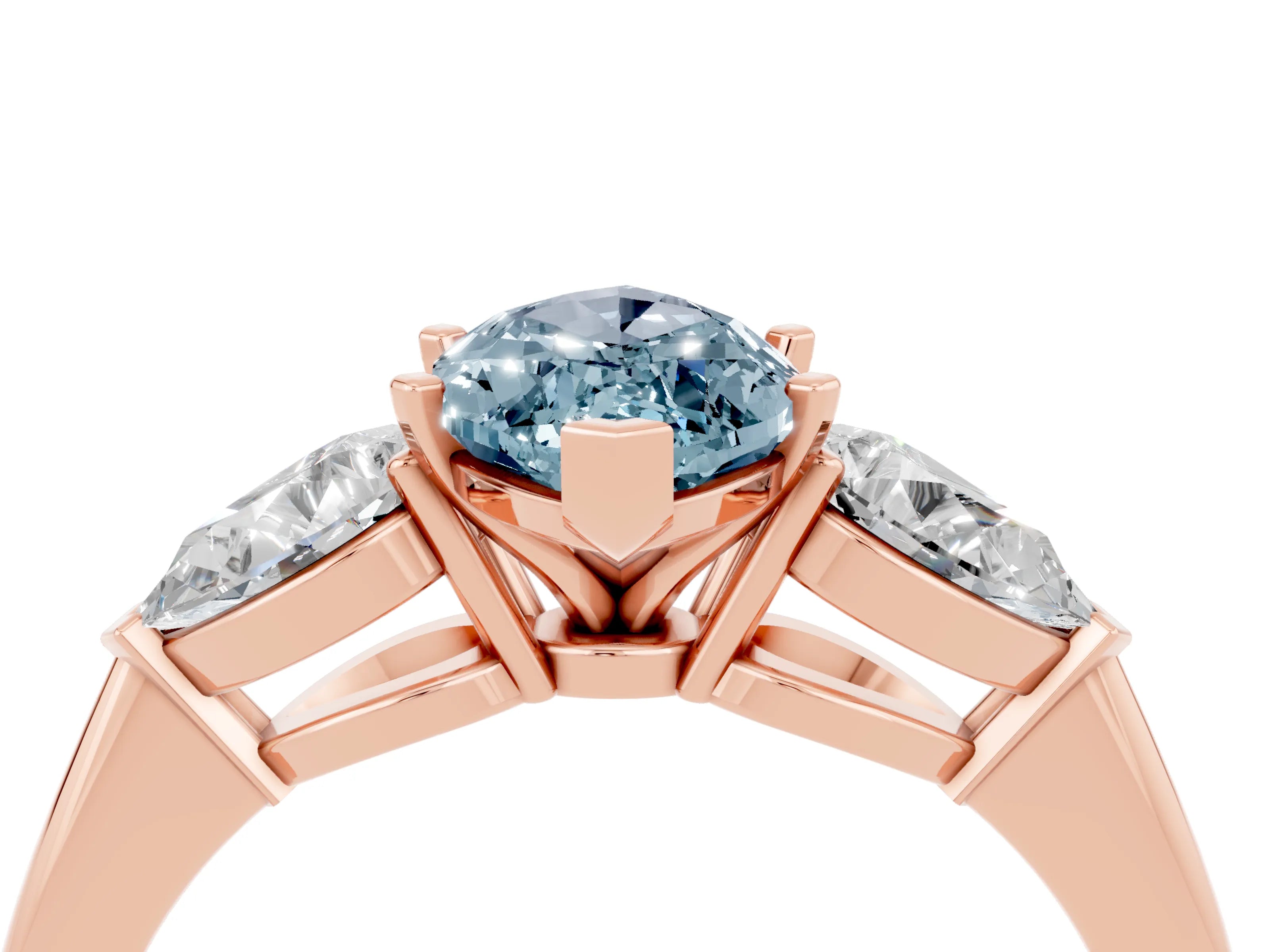 Rose gold Three-Stone Marquise Cut Aquamarine Ring with Pear Side Stones and Four-Prong Setting_4
