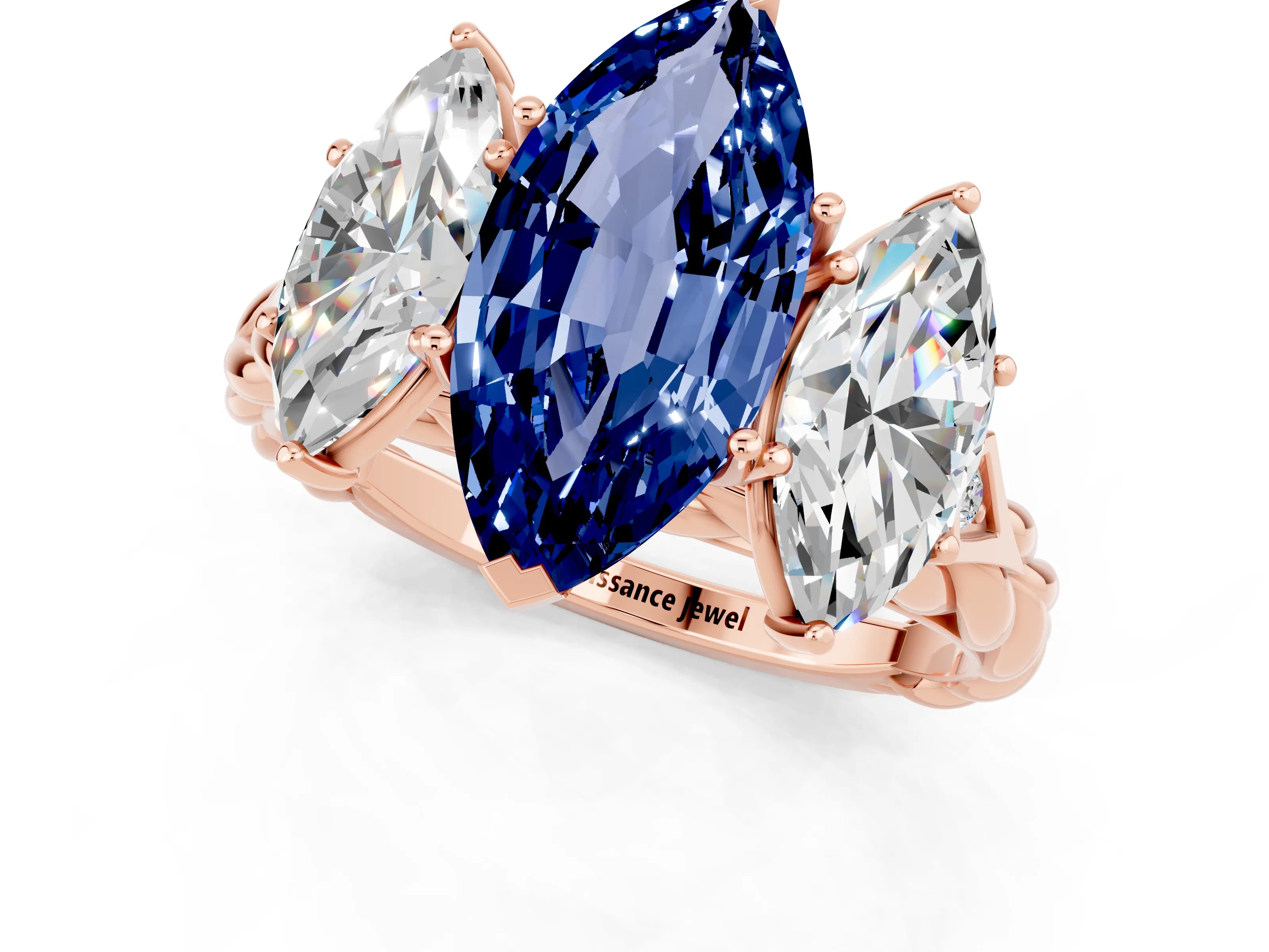 Rose gold Three-Stone Marquise Cut Blue Sapphire Braided Band Ring with Four-Prong Setting_13