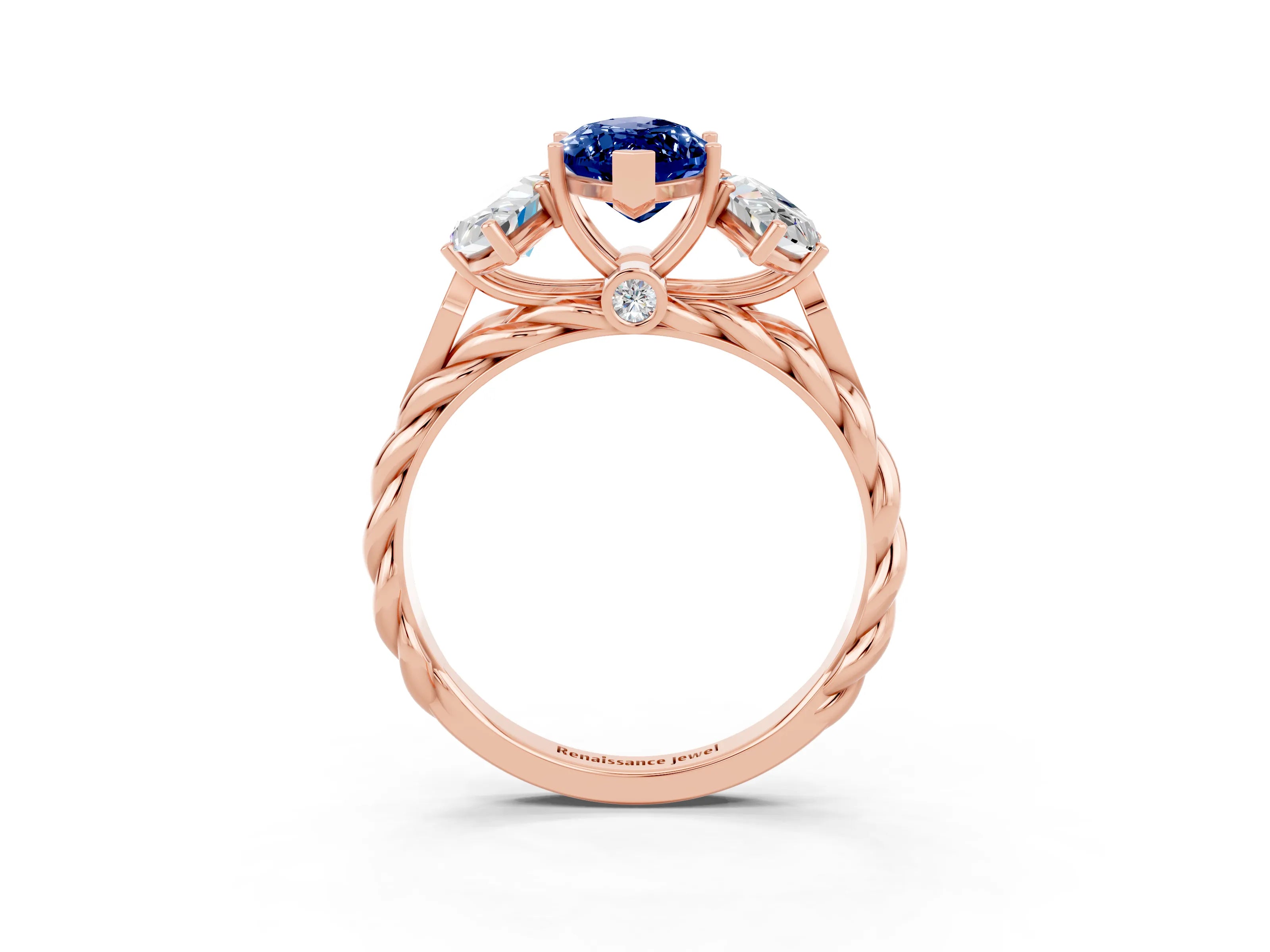 Rose gold Three-Stone Marquise Cut Blue Sapphire Braided Band Ring with Four-Prong Setting_15