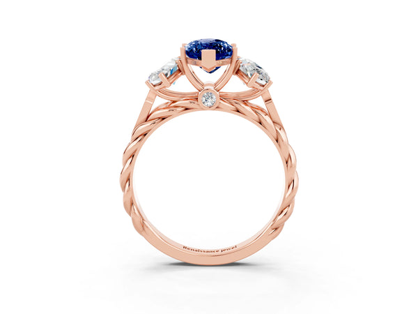 Rose gold Three-Stone Marquise Cut Blue Sapphire Braided Band Ring with Four-Prong Setting