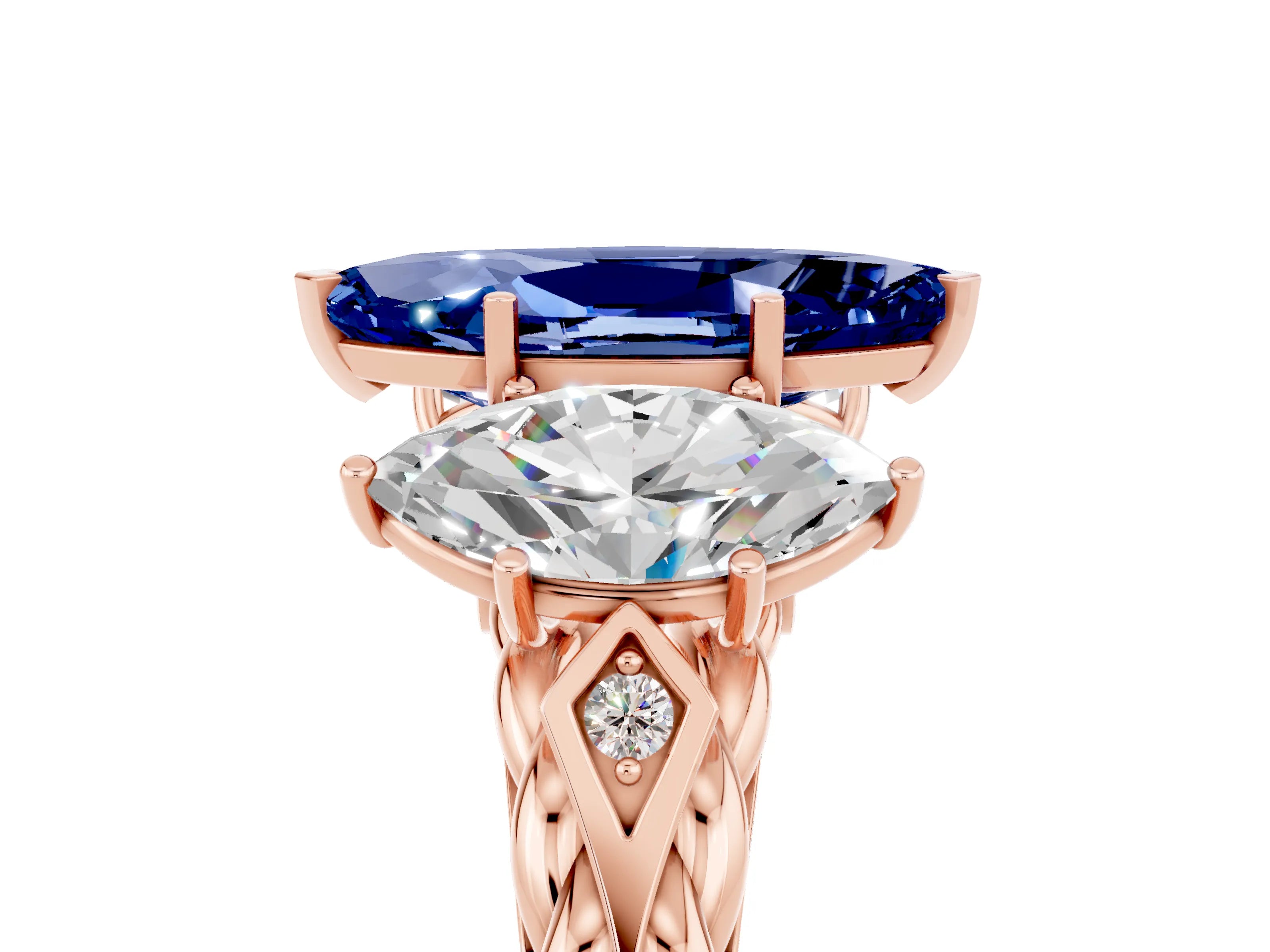 Rose gold Three-Stone Marquise Cut Blue Sapphire Braided Band Ring with Four-Prong Setting_17