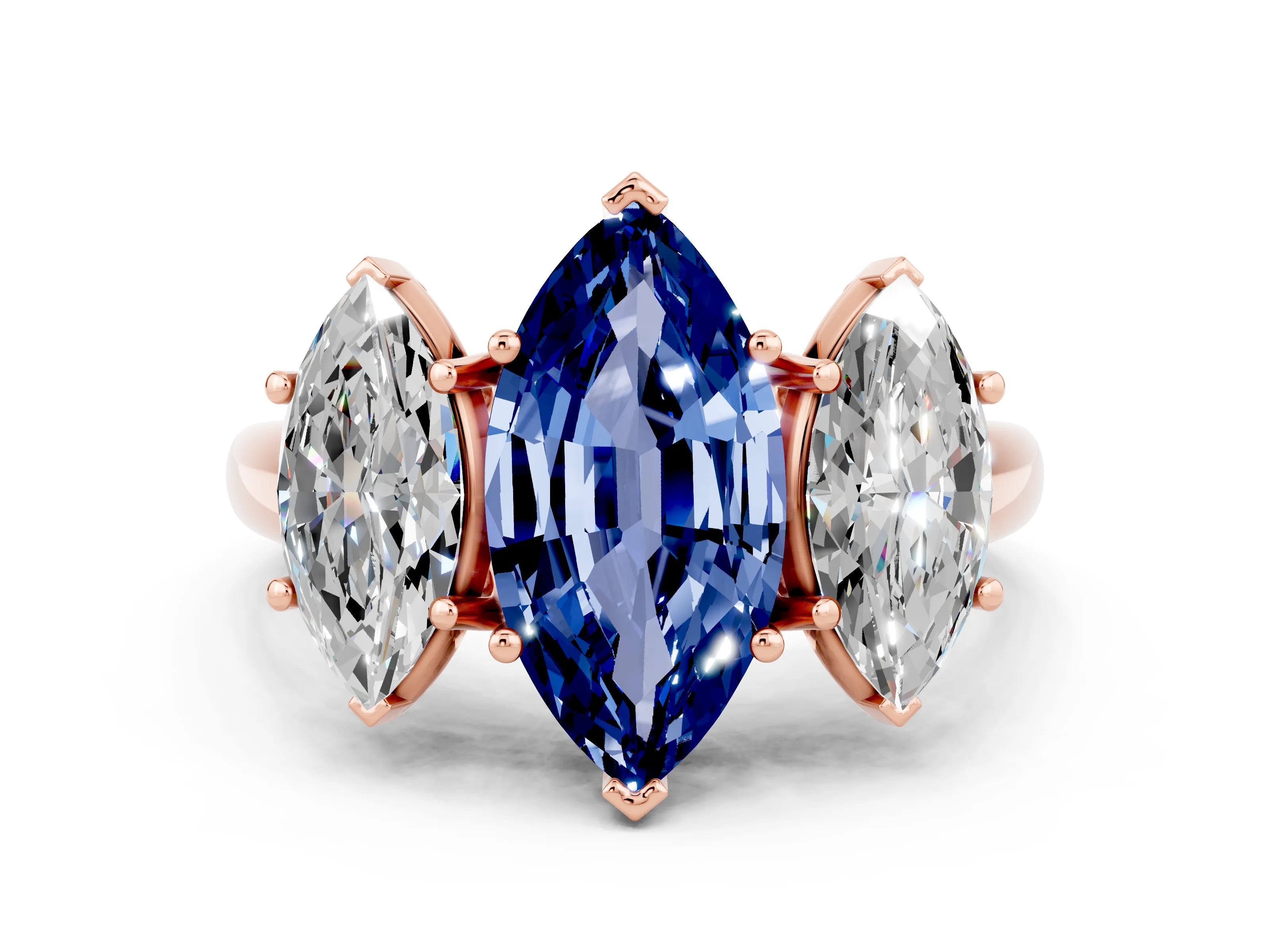 Rose gold Three-Stone Marquise Cut Blue Sapphire Engagement Ring with Prong Setting