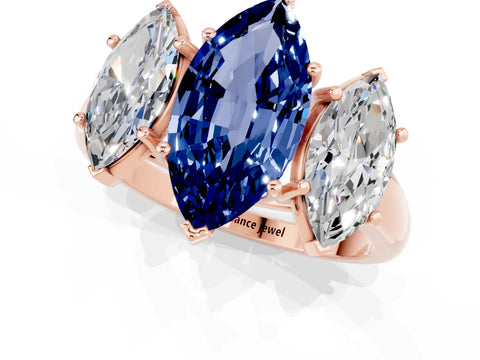 Rose gold Three-Stone Marquise Cut Blue Sapphire Engagement Ring with Prong Setting_1