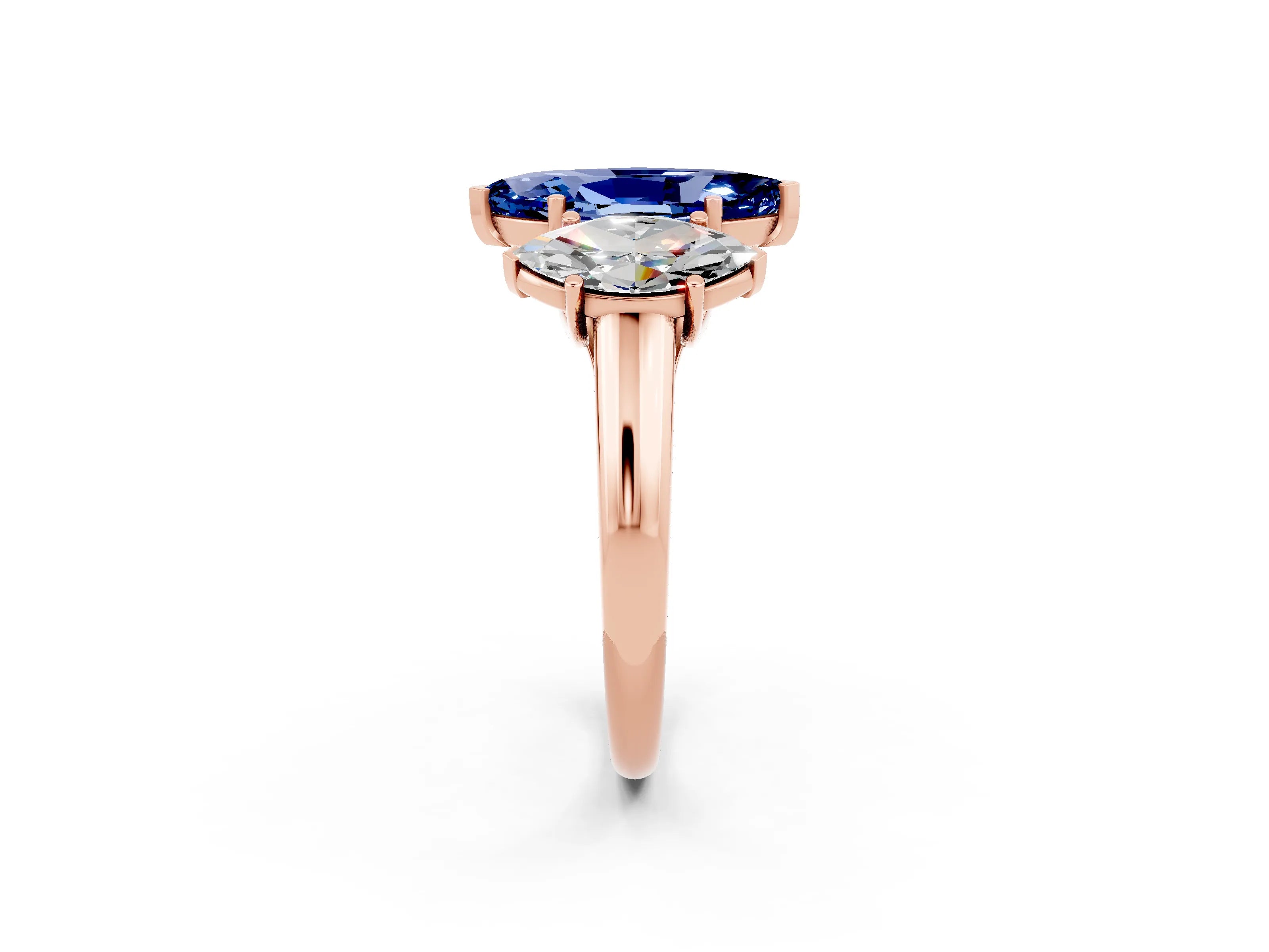 Rose gold Three-Stone Marquise Cut Blue Sapphire Engagement Ring with Prong Setting_2