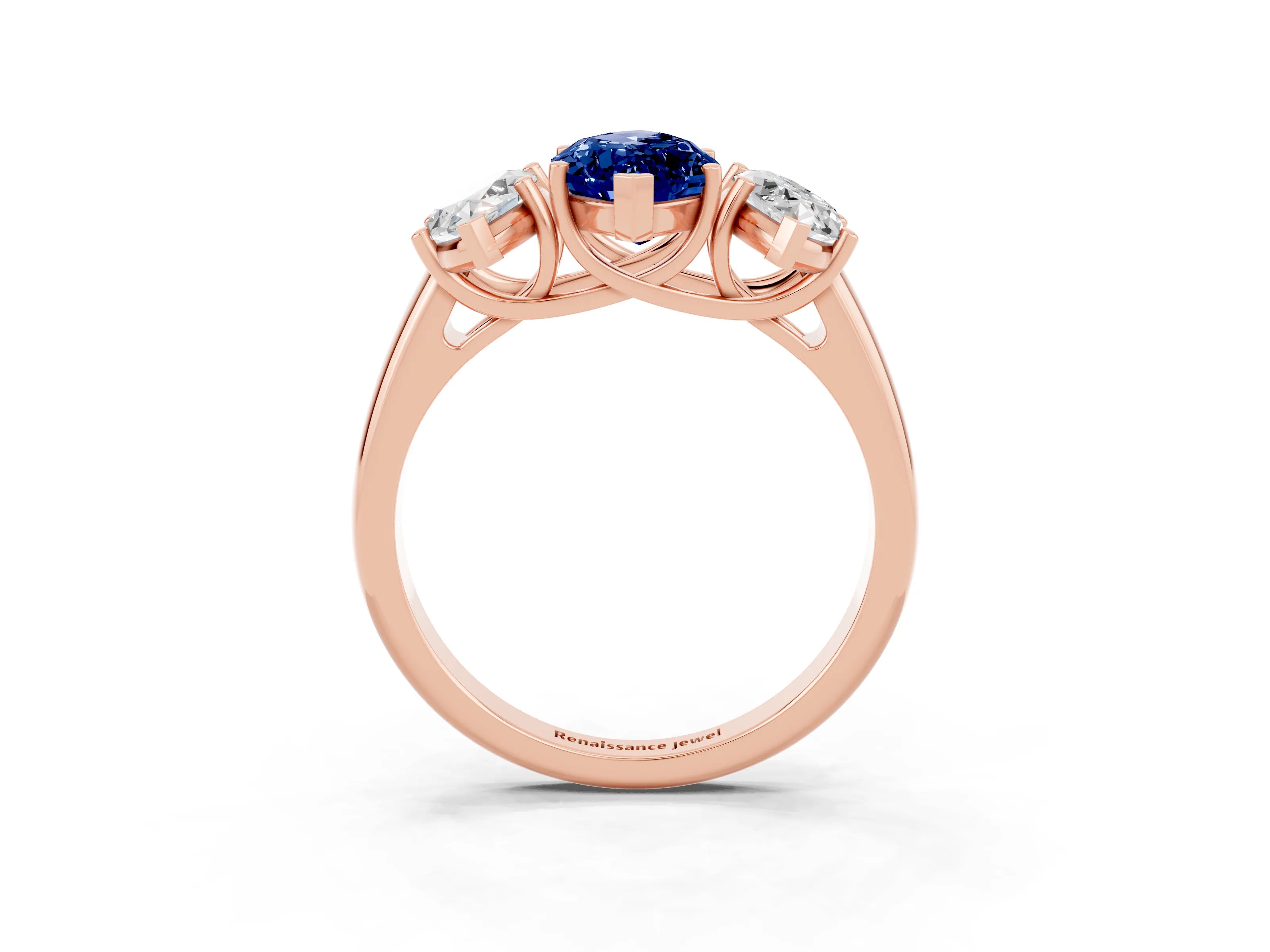 Rose gold Three-Stone Marquise Cut Blue Sapphire Engagement Ring with Prong Setting_3