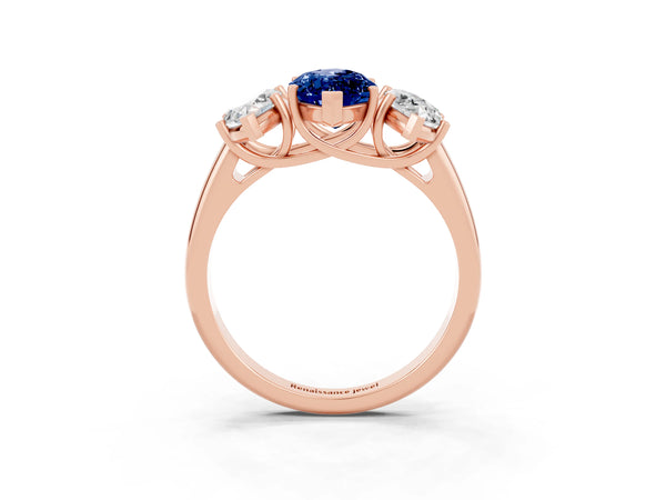 Rose gold Three-Stone Marquise Cut Blue Sapphire Engagement Ring with Prong Setting