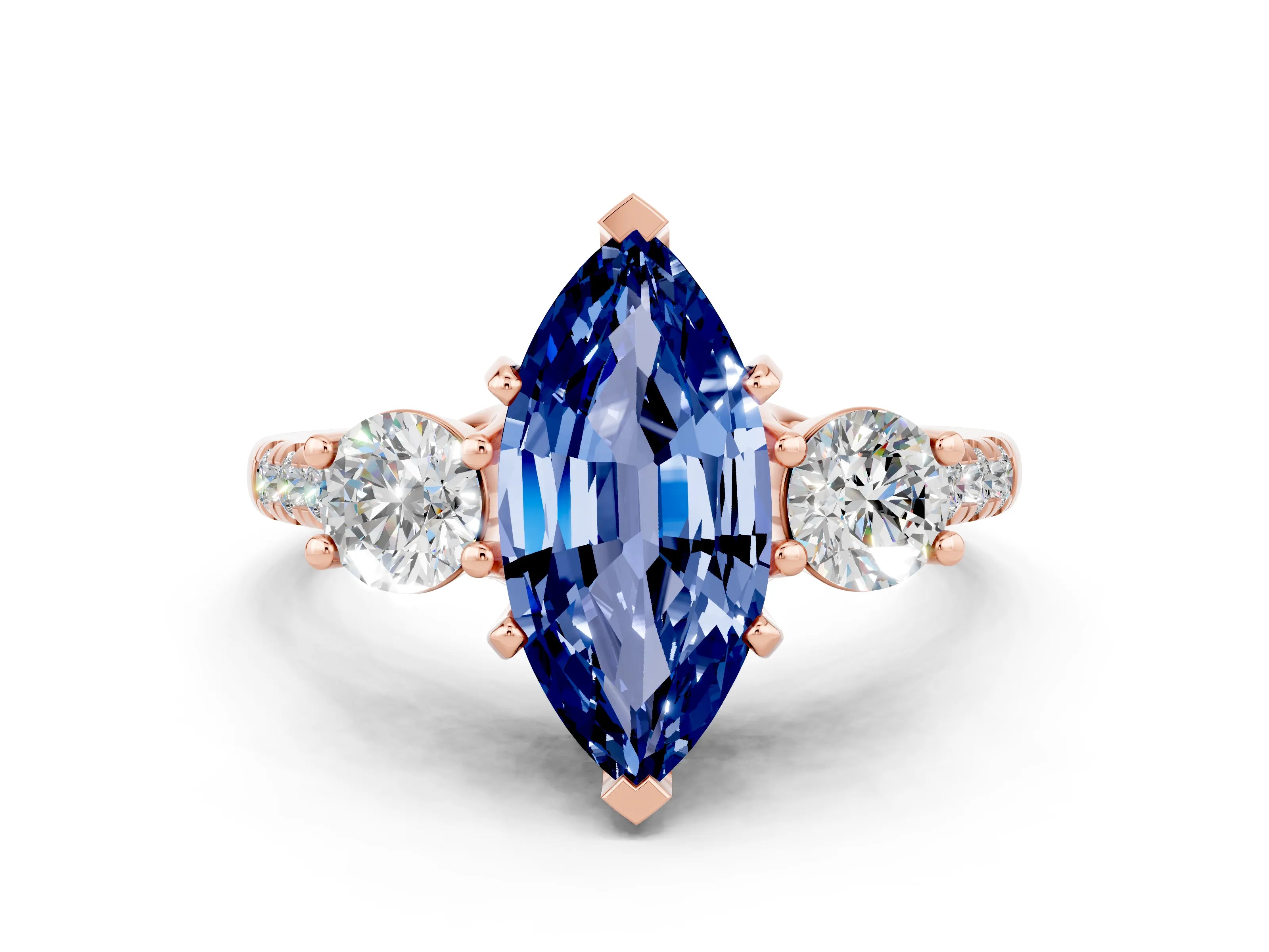 Rose gold Three-Stone Marquise Cut Blue Sapphire Pavé Band with Four-Prong Setting