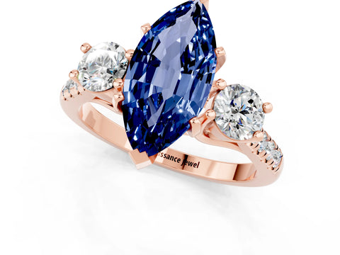 Rose gold Three-Stone Marquise Cut Blue Sapphire Pavé Band with Four-Prong Setting_1