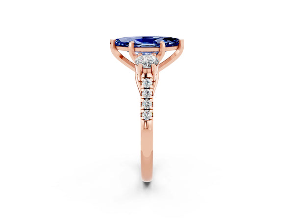 Rose gold Three-Stone Marquise Cut Blue Sapphire Pavé Band with Four-Prong Setting