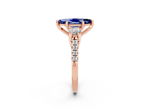Rose gold Three-Stone Marquise Cut Blue Sapphire Pavé Band with Four-Prong Setting_2