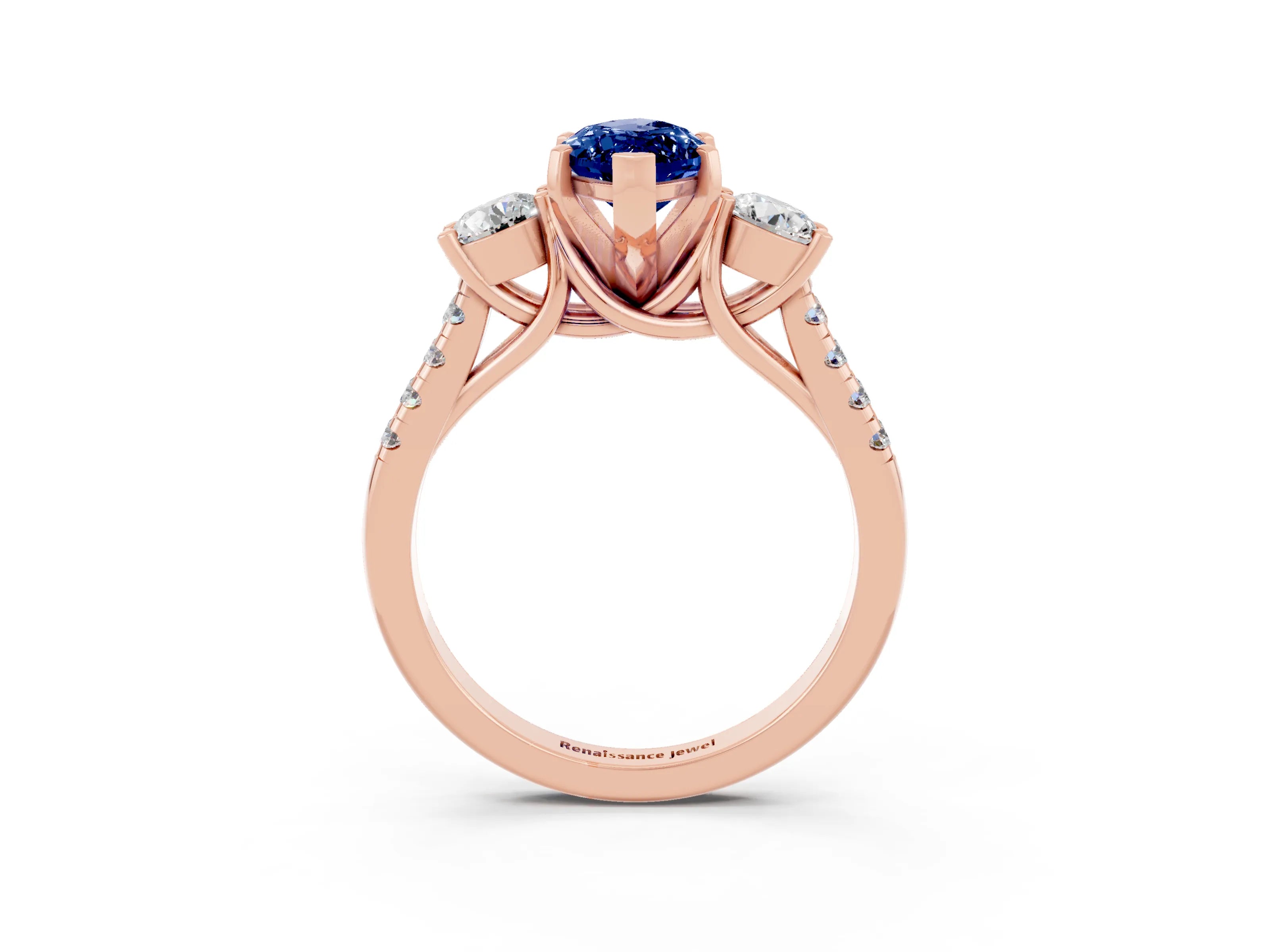 Rose gold Three-Stone Marquise Cut Blue Sapphire Pavé Band with Four-Prong Setting_3