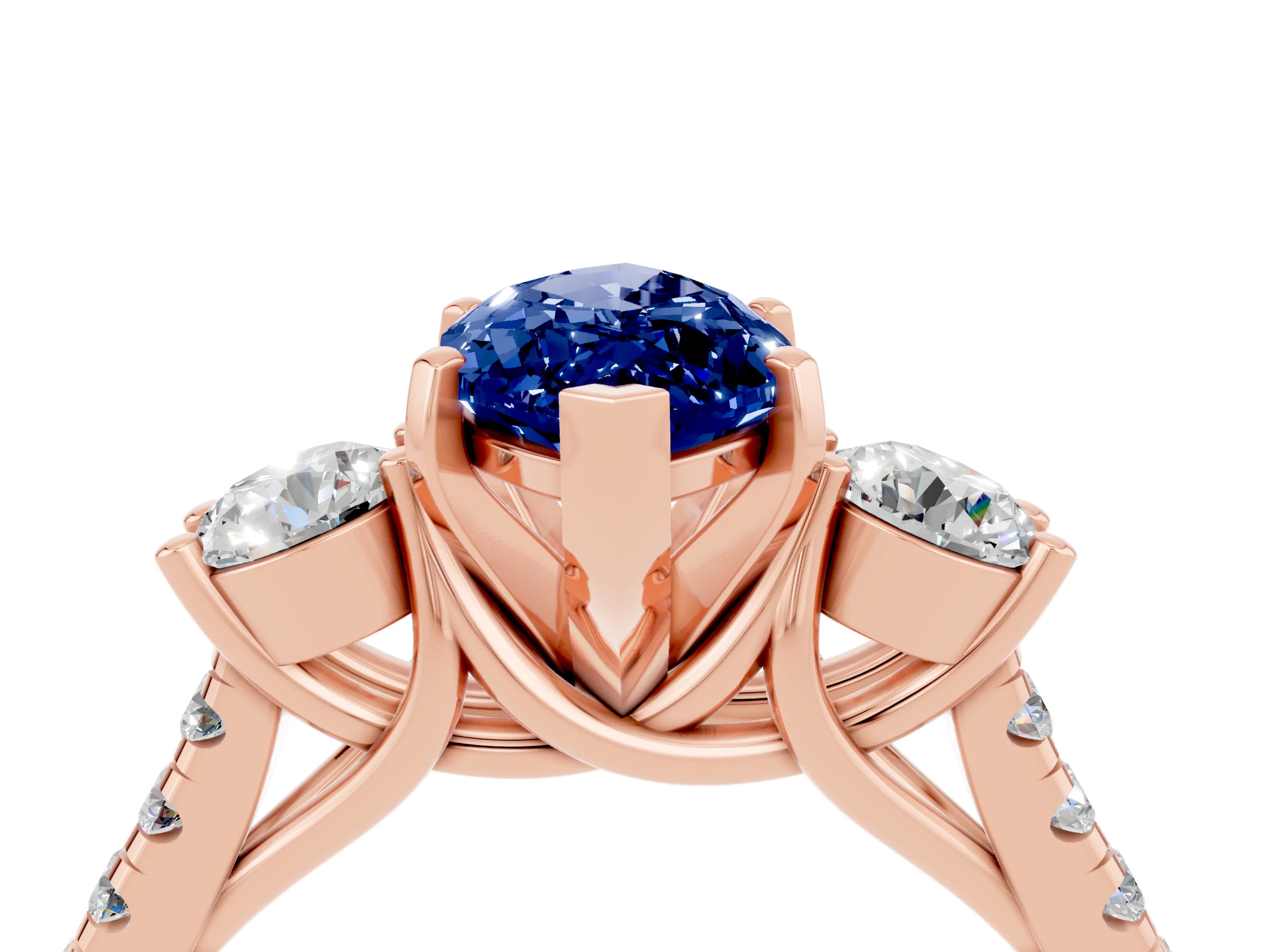 Rose gold Three-Stone Marquise Cut Blue Sapphire Pavé Band with Four-Prong Setting_4