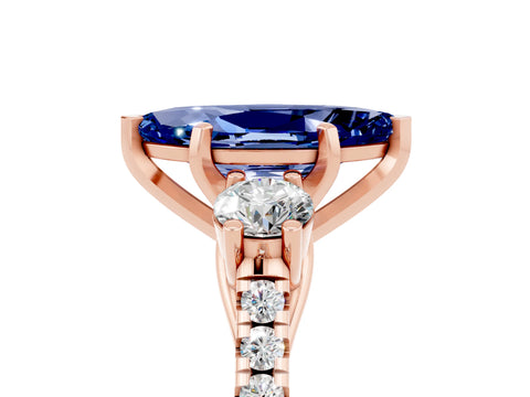 Rose gold Three-Stone Marquise Cut Blue Sapphire Pavé Band with Four-Prong Setting_5