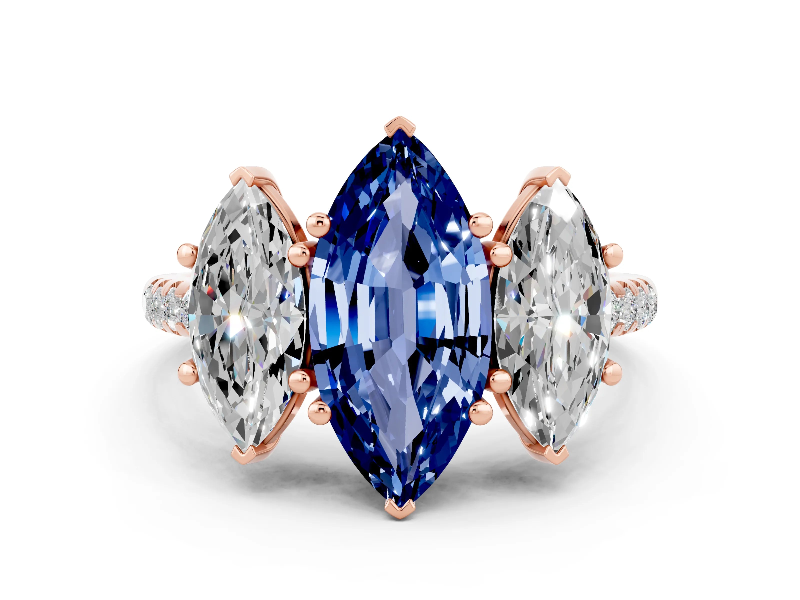 Rose gold Three-Stone Marquise Cut Blue Sapphire Ring with Pavé Band and Prong Setting_12