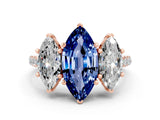 Rose gold Three-Stone Marquise Cut Blue Sapphire Ring with Pavé Band and Prong Setting_12