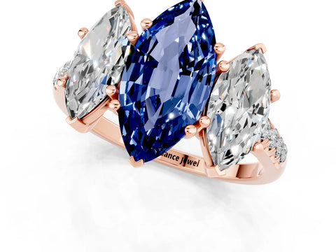 Rose gold Three-Stone Marquise Cut Blue Sapphire Ring with Pavé Band and Prong Setting_13
