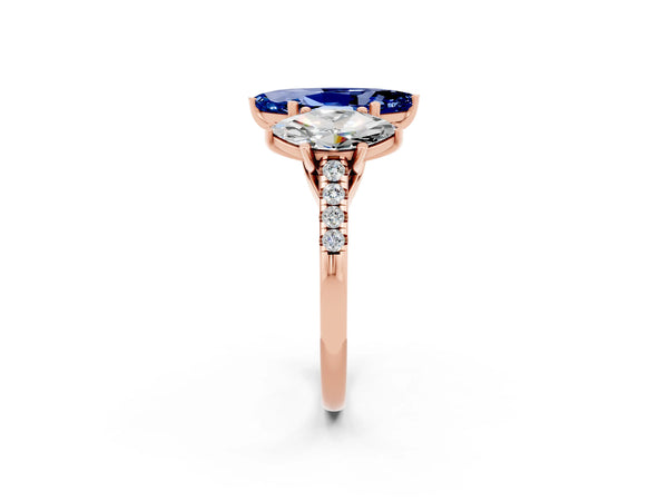Rose gold Three-Stone Marquise Cut Blue Sapphire Ring with Round  Pavé Band and Prong Setting