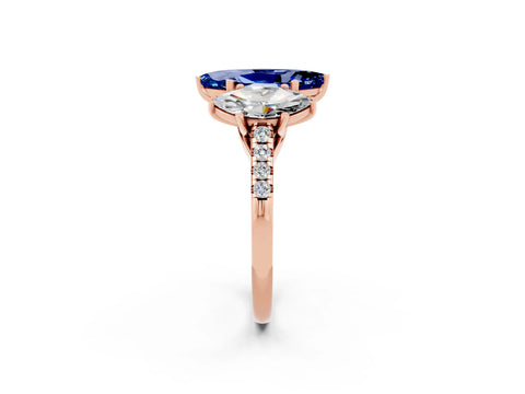 Rose gold Three-Stone Marquise Cut Blue Sapphire Ring with Pavé Band and Prong Setting_14