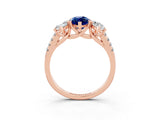 Rose gold Three-Stone Marquise Cut Blue Sapphire Ring with Pavé Band and Prong Setting_15