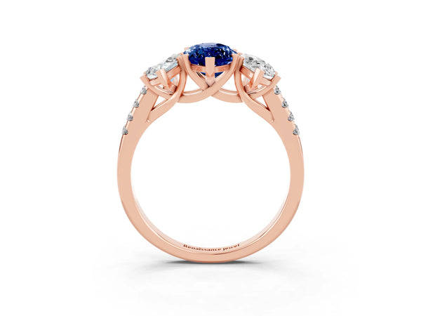 Rose gold Three-Stone Marquise Cut Blue Sapphire Ring with Round  Pavé Band and Prong Setting