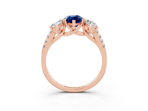 Rose gold Three-Stone Marquise Cut Blue Sapphire Ring with Pavé Band and Prong Setting_15