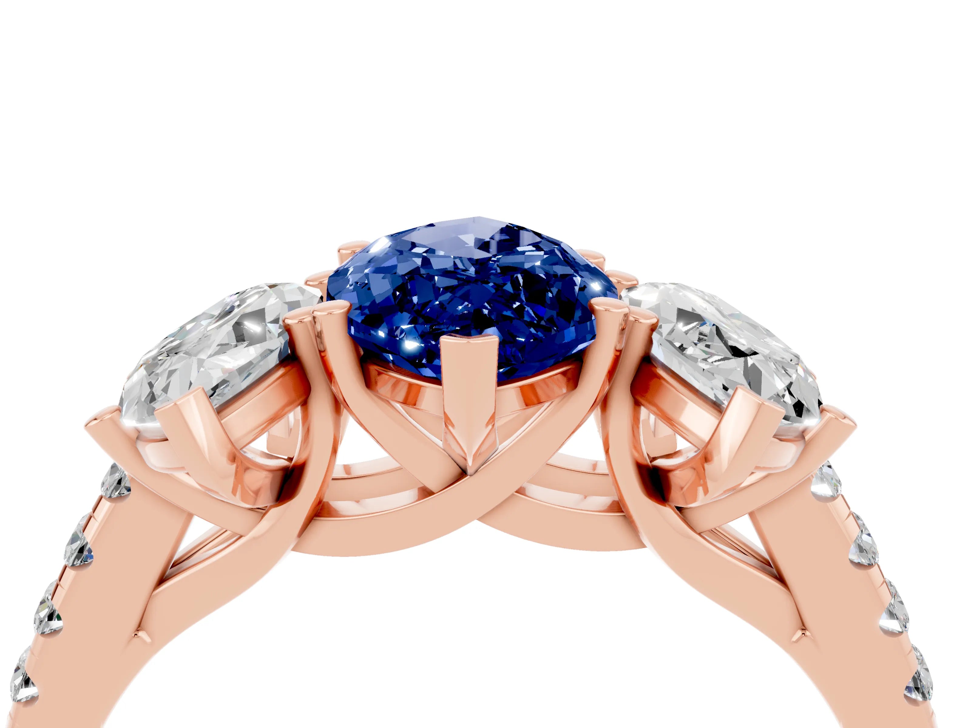 Rose gold Three-Stone Marquise Cut Blue Sapphire Ring with Pavé Band and Prong Setting_16